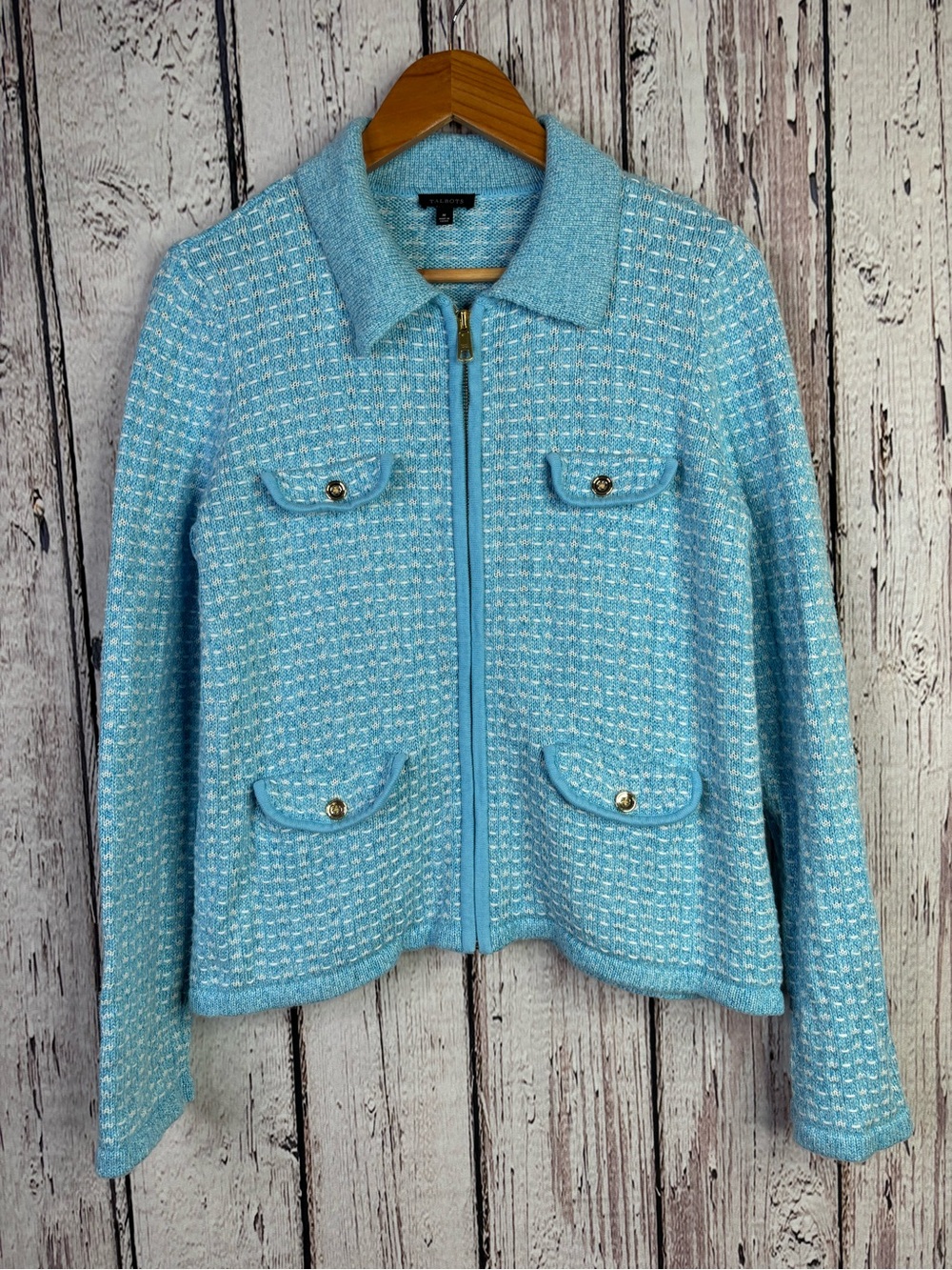 Talbots Collared Zip Cardigan Knit Sweater Aqua Blue Dash Stripe Women’s Medium